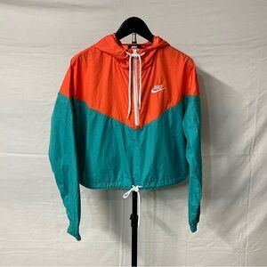 Nike Women's Cropped Hoodie Jacket Windbreaker Vibrant Orange and Teal